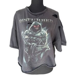 Disturbed Tour Band T Shirt Cropped Distressed Thrashed Womens XXL Black Grunge